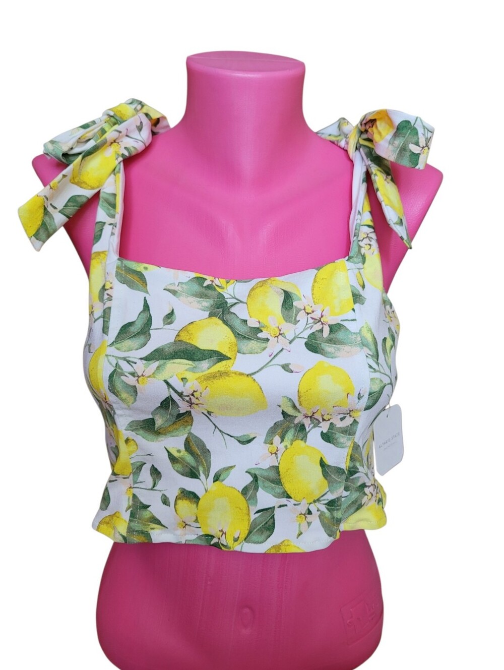 Lemon Print Tie-Shoulder Crop Top - White & Yellow